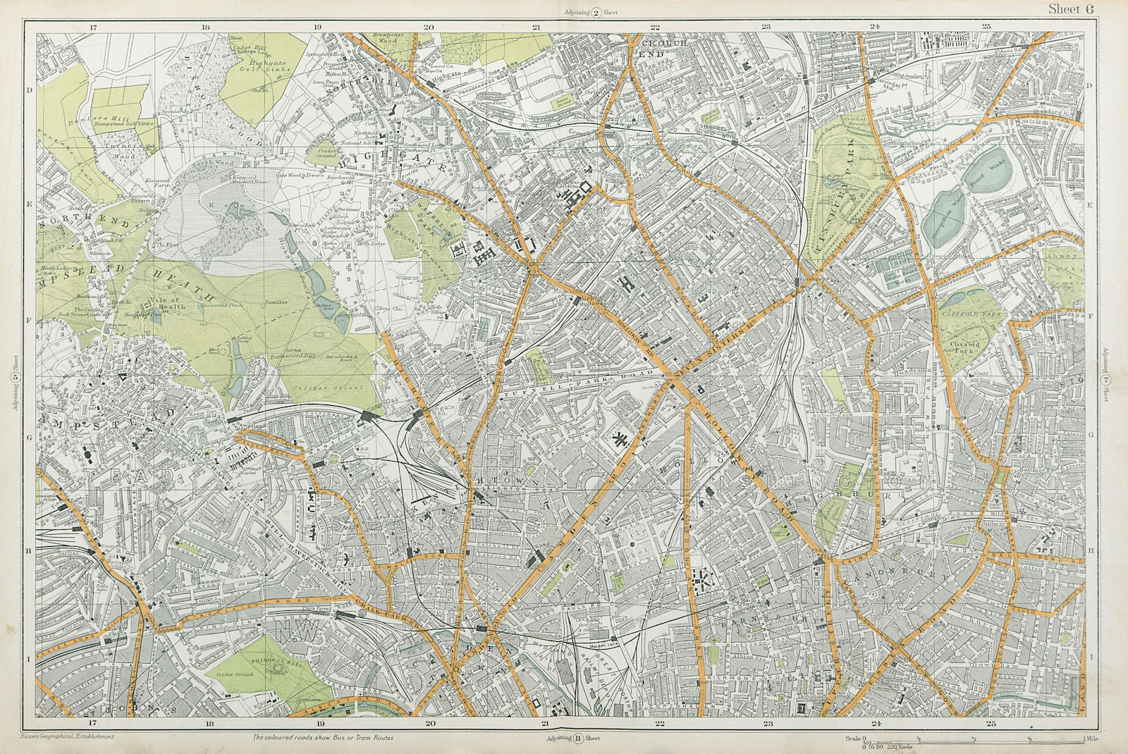 HAMPSTEAD ISLINGTON Camden Highgate Finsbury Park Primrose Hill. BACON  1920 map